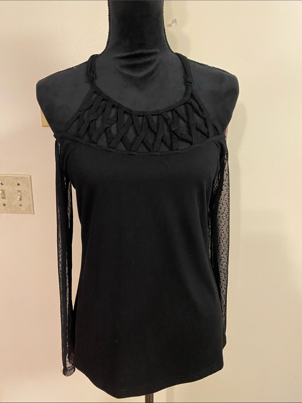 Black Cage Neck Cold Shoulder Top Sheer Mesh Long Sleeve Size Small